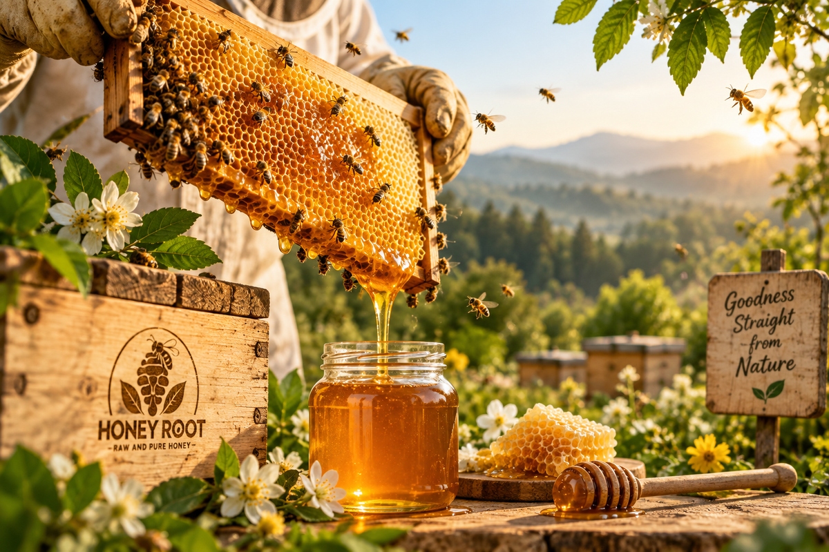 Raw honey harvest with honey bees, honeycomb, wildflowers and leaves